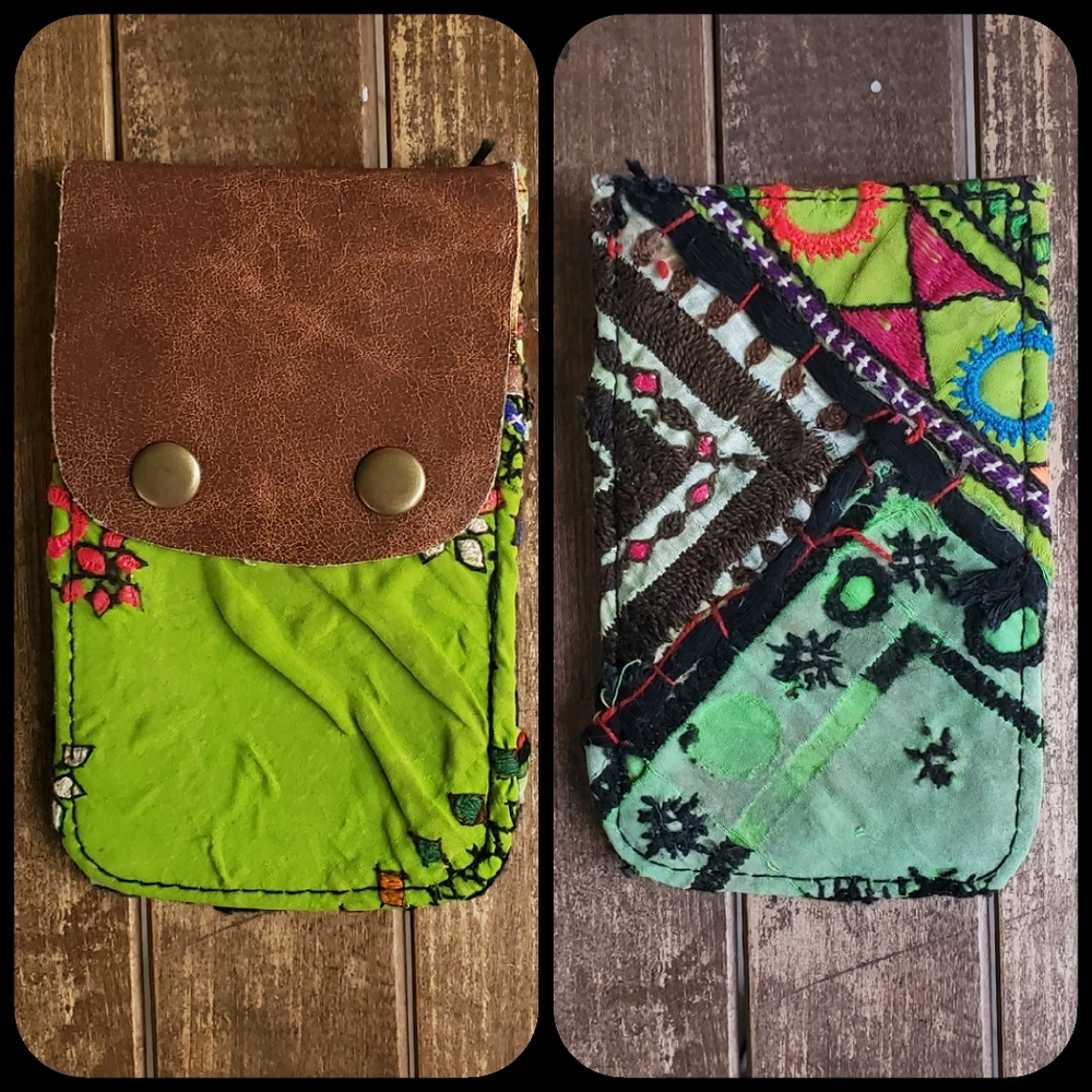 🥂🕺 Free People Boho Embroidered Repurposed vtg banjara hippie Wallet card case
